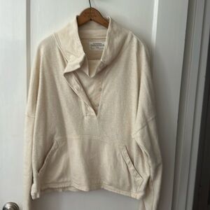 REI XL cream terry marsupial pocket funnel-neck 1/4 button front sweatshirt
